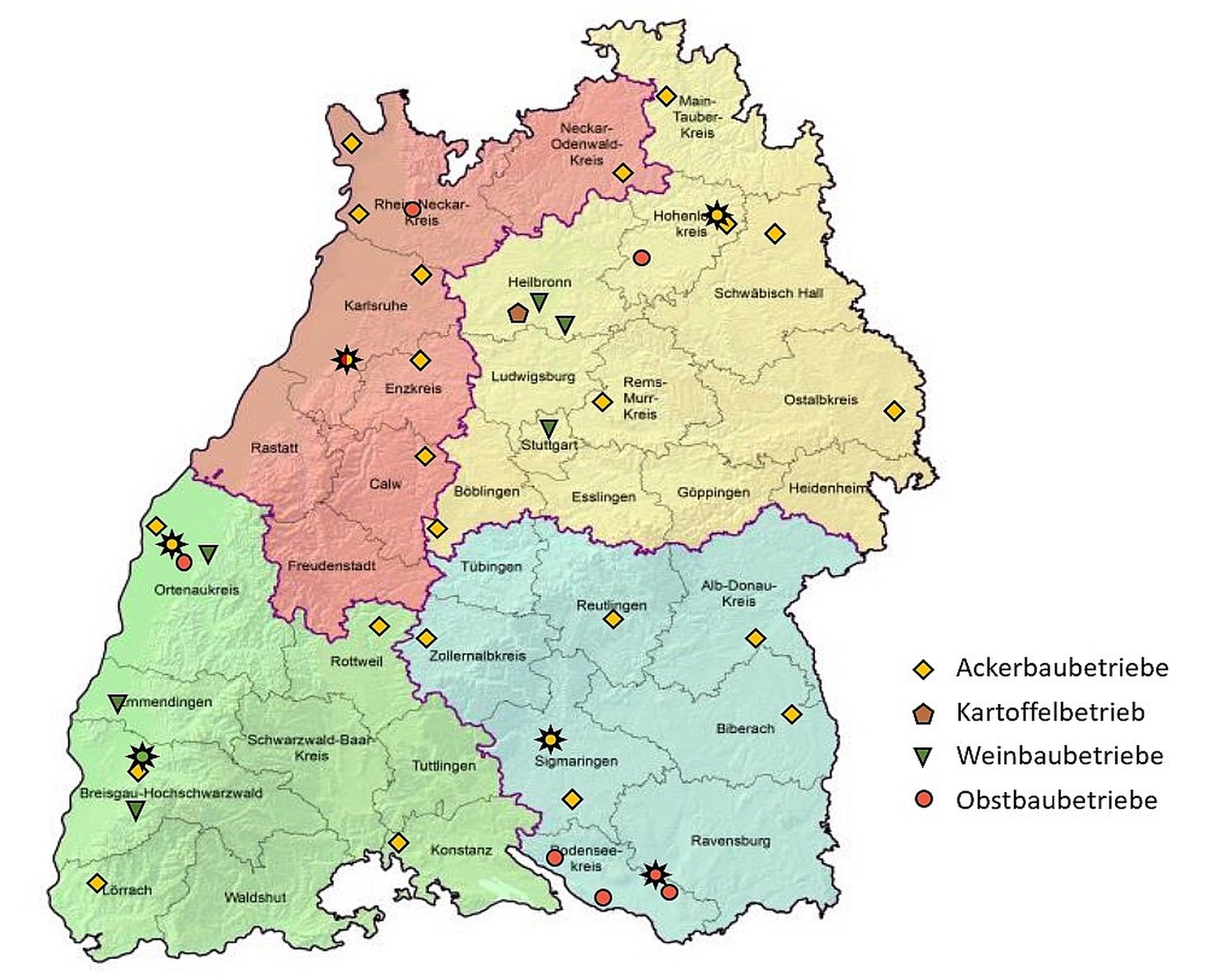 Karte von Baden-Württemberg mit den teilnehmenden Betrieben