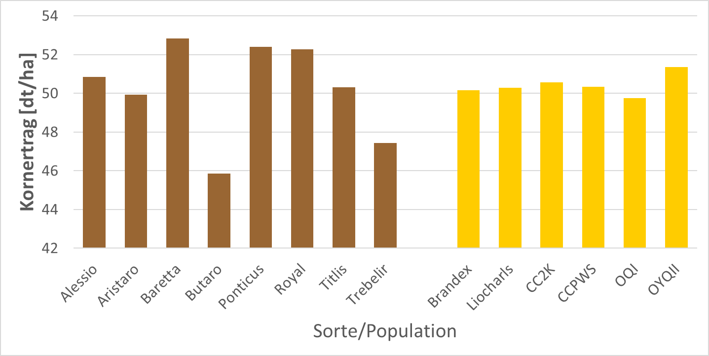 Kornertrag der der Sorten (links) und heterogenen Populationen (rechts). (3 jährige Ergebnisse von 5 (2018) und 6 (2019 und 2020) Standorten)