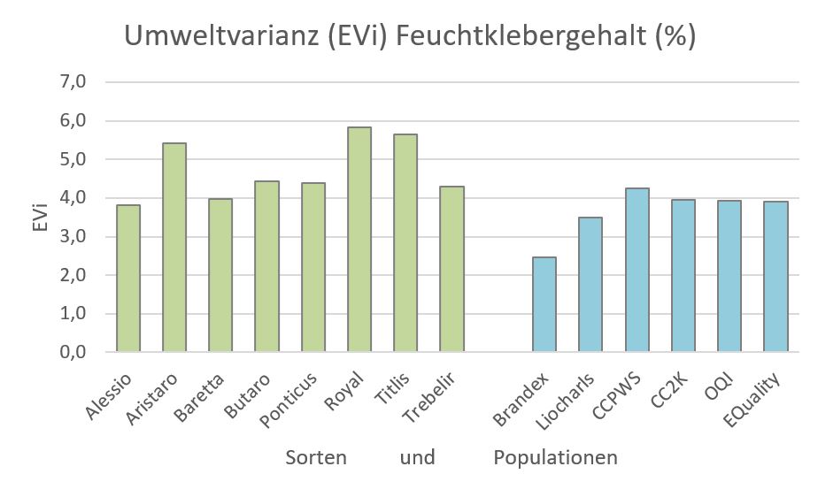 Umweltvarianz des Feuchtklebergehaltes der Sorten (links, grün) und heterogenen Populationen (rechts, blau). Eine niedrigere Varianz bedeutet eine höhere Stabilität. (3-jährige Ergebnisse von 5 (2018) und 6 (2019 und 2020) Standorten)