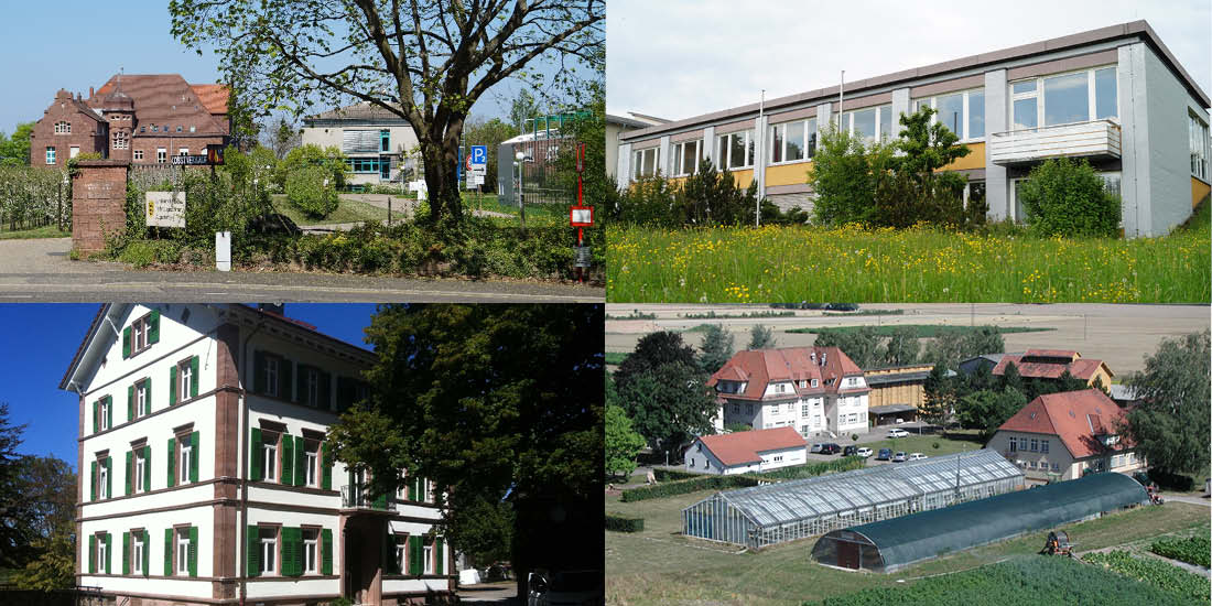 Die vier Standorte Hauptsitz Karlsruhe (links oben), Donaueschingen (rechts oben), Emmendingen-Hochburg (links unten) und Rheinstetten-Forchheim (rechts unten)