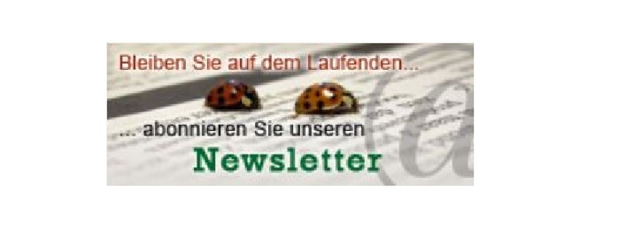 Banner Newsletter mit 2 Marienkäfern auf einer Zeitung und einem @-Zeichen Banner Newsletter mit 2 Marienkäfern auf einer Zeitung und einem @-Zeichen
