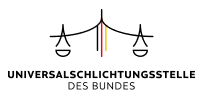 Logo der Universalschlichtungsstelle des Bundes mit stilisierter Waage, Gestell in Nationalfarbenund Schriftzug Logo der Universalschlichtungsstelle des Bundes mit stilisierter Waage, Gestell in Nationalfarbenund Schriftzug