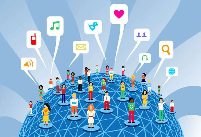 Symbolisierte Nordhalbkugel der Erde mit diversen stilisierten Personen, die unterschiedliche Bevölkerungsgruppen darstellen sollen und die unterschiedlich vernetzt sind und Icons in Sprechblasen über sich haben Symbolisierte Nordhalbkugel der Erde mit diversen stilisierten Personen, die unterschiedliche Bevölkerungsgruppen darstellen sollen und die unterschiedlich vernetzt sind und Icons in Sprechblasen über sich haben