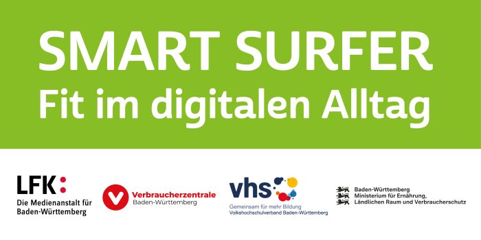 Logo Smart Surfer mit weißer Schrift auf hellgrünem Grund, darunter die Logos der beteiligten Projektpartner auf weißem Grund